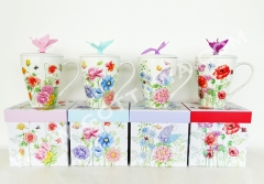 13oz new bone china mug with lid and silicone butterfly, 1set/gift box