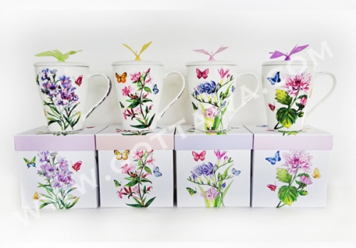 13oz new bone china mug with lid and butterfly, 1set/gift box