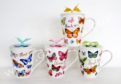 13oz new bone china mug with lid and butterfly, 1set/gift box