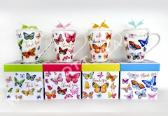 13oz new bone china mug with lid and butterfly, 1set/gift box