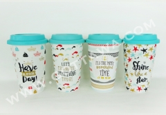 12oz new bone china double wall coffee mug with silicone lid, 1set/gift box