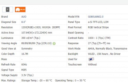 G080UAN02.0 8.0inch 1200*1920 a-Si TFT-LCD Display Modules