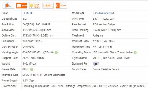 TX16D207VM0BPA KOE 6.2" Inch 640*240 IPS TFT-LCD Display with 4wires Touch Panel