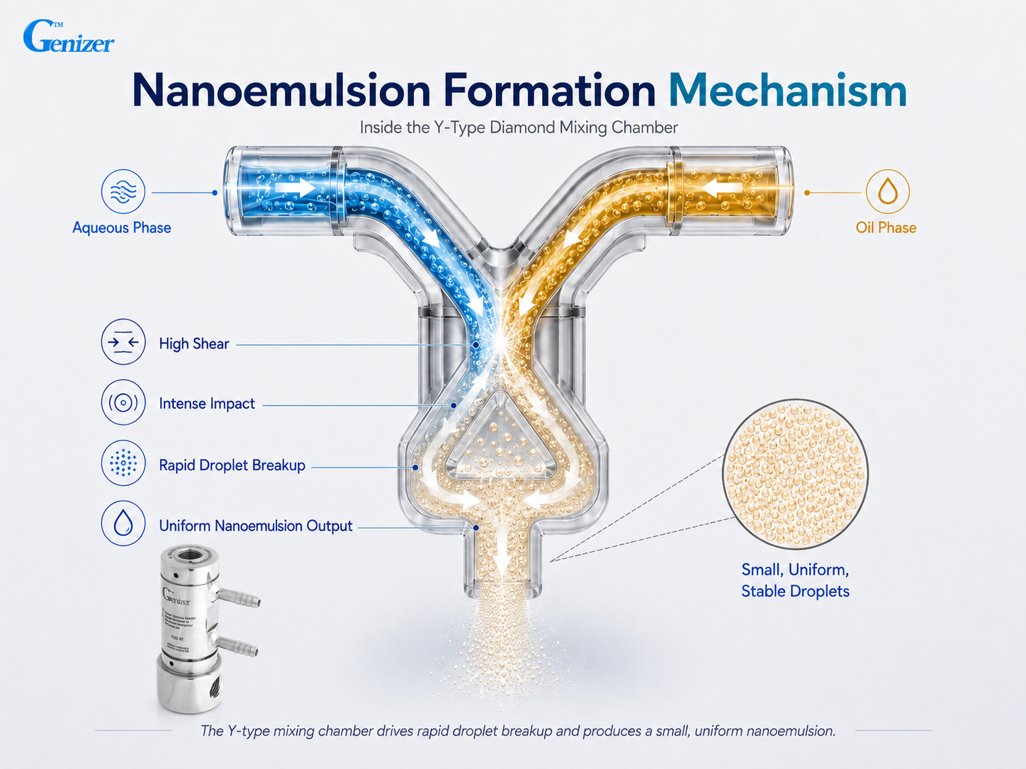 Nanoemulsion formation mechanism inside a Y-type diamond mixing chamber with high shear, intense impact, and uniform droplet output