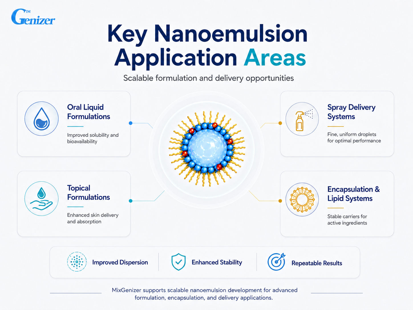 Key nanoemulsion application areas including oral liquid formulations, spray delivery systems, topical formulations, encapsulation, and lipid systems