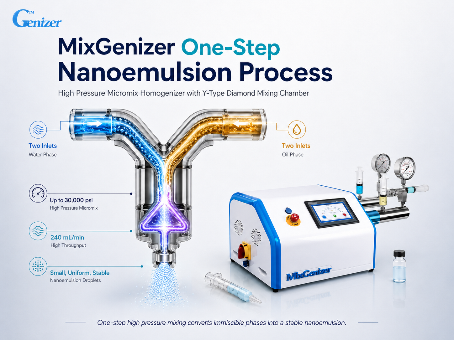 MixGenizer one-step nanoemulsion process infographic with Y-type diamond mixing chamber and high pressure micromix homogenizer
