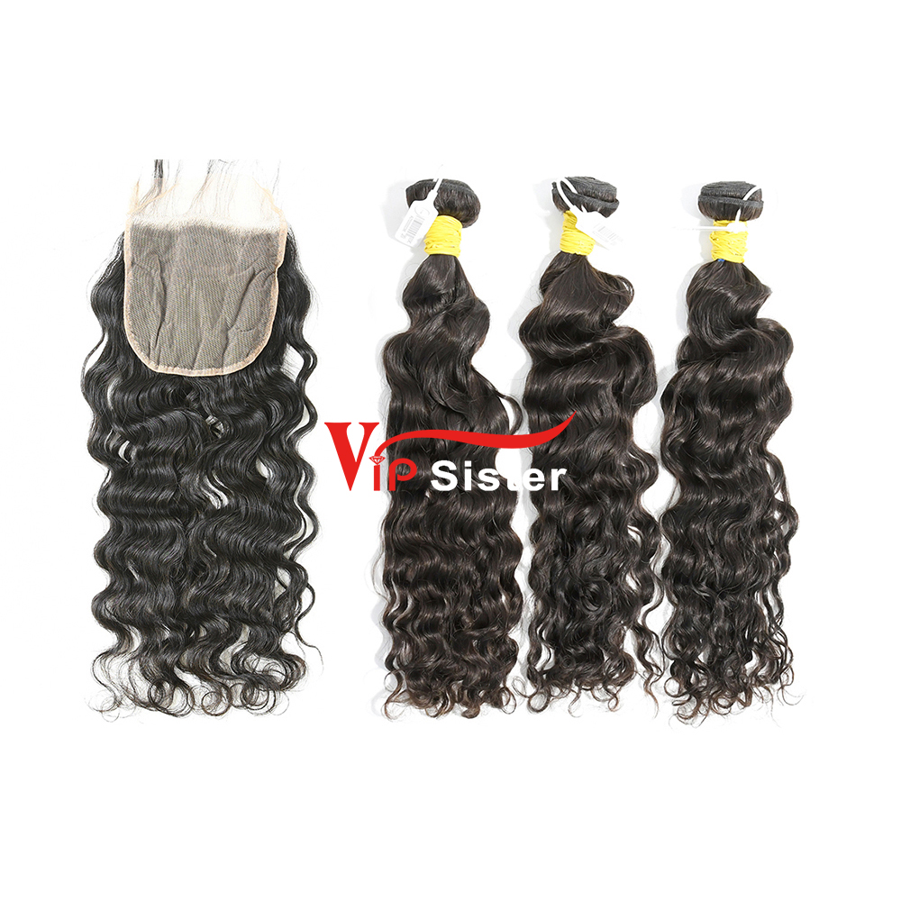 #1b Brazilian Raw Human Hair Weft with 5×5 Closure Indian Curly