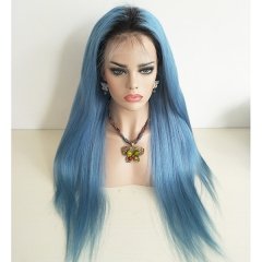 Sky Blue Human Hair Lace Wigs With Dark Roots Straight 10A Virgin Raw Hair Full Wigs