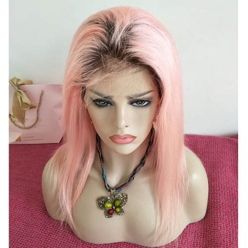 Sidary Ombre Pink Human Hair Full Lace Wig 1"#4 T Pink Wigs