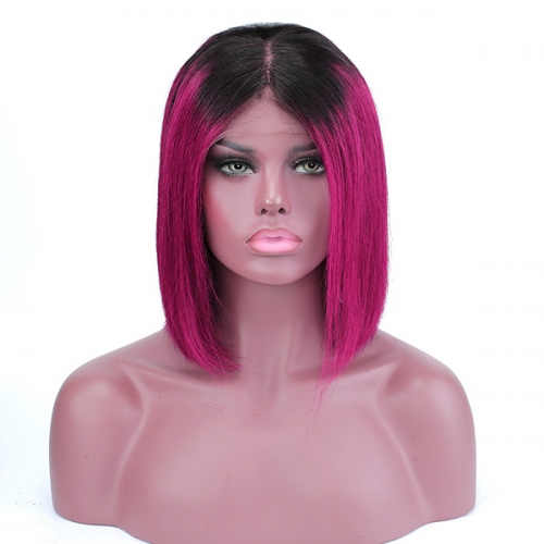 Sidary Bob Lace Front Human Hair Wigs Straight Short Bob Wig For Black Women Ombre Purple Pink  T1B/Burgundy
