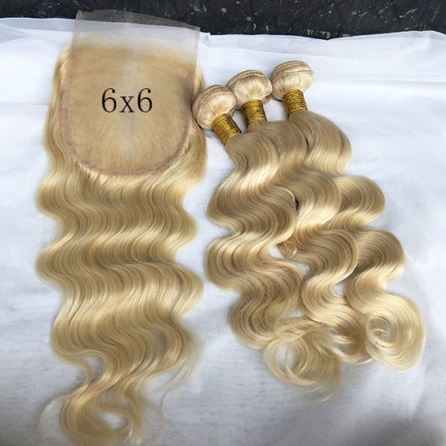 Blonde Hair 3 Bundles 613 Virgin Hair Body Wave with Lace Closure 6x6 Size