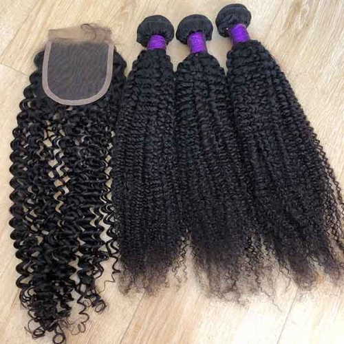 Transparent Lace Closure 4x4 With Kinky Curly Human Hair , 3 Bundles With Closure Brazilian Curly Hair With 4x4 Closure Sidary Hair