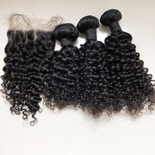 Sidary Hair Jerry Curly Human Hair 5*5 Lace Closure with 3 Bundles,Transparent Lace Closure 5x5 And Human Hair Weft
