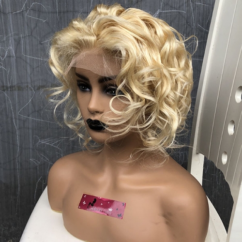 180%Density #613 Blonde Pixie Cut Wig 13x4 Lace Front Human Hair Wigs For Curly Blonde Bob Cut Wig