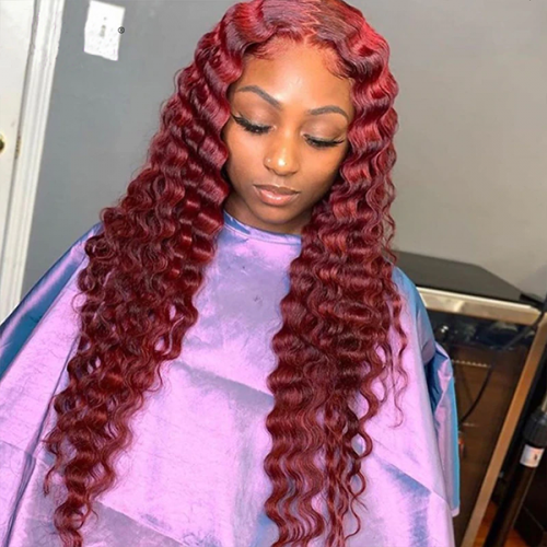 Red Burgundy Color Curly 13X4 Human Hair Wig 180% #99j Burgundy Deep Wave Hair HD Lace Frontal Wigs For Women