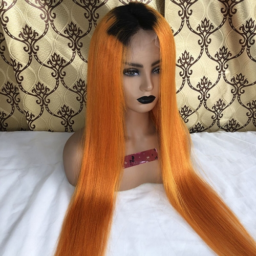 Ombre Orange Human Hair 13x4 Lace Front Wigs Straight Orange Human Hair Wig With Dark Roots