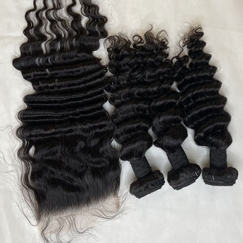 Sidary Hair Deep Wave HD Lace Closure 5x5 Invisible Knots Closure with 3 Bundles, Brazilian Deep Wave 100% Human Hair Weave with Transparent HD Lace C