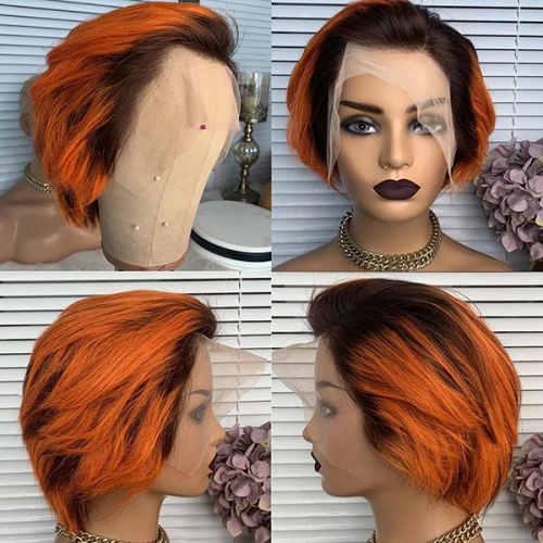 Ombre Orange Pixie Short Human Hair Wig Cute Bob Cut Hairstyle 13x3 Lace Front Wigs