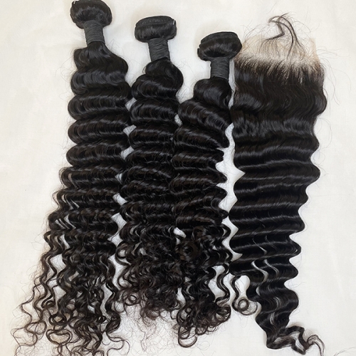 Deep Wave Human Hair With 4*4 HD Lace Closure Sidary Hair HD Lace Closure With Bundles