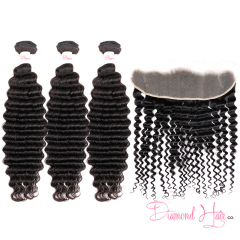 3 Bundle Deals With A 13x4 Lace Frontal Deep Wave Mink Brazilian Diamond Virgin Hair