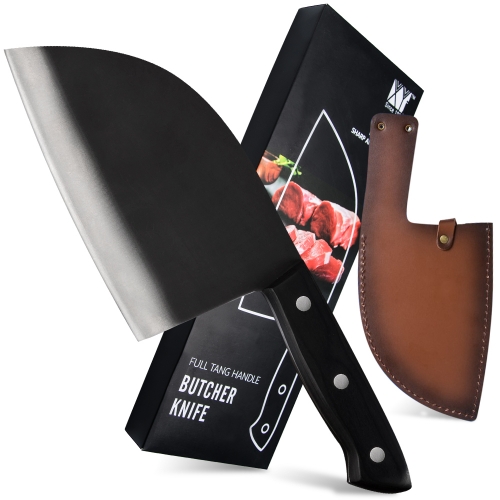 XYJ Full Tang Butcher Knife 6.5 inch Serbian Chef Knife Meat Vegetable Cleaver Leather Sheath with Belt Loop Easy Carry