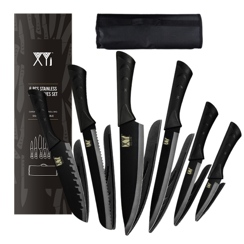 XYj 6 Pieces Chef Knife Set Sheath Cover Black Blade Plastic Handle  Portable Chef Roll Bag