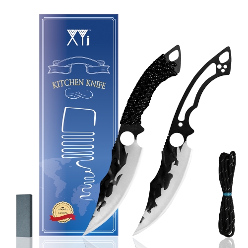 XYJ 5.5” Fixed Blade Boning Knife Set With Paracord Handle- Hammer Finish Narrow Pointed Tip Blade Fish Fillet Poultry Boning Small Knife For Survival