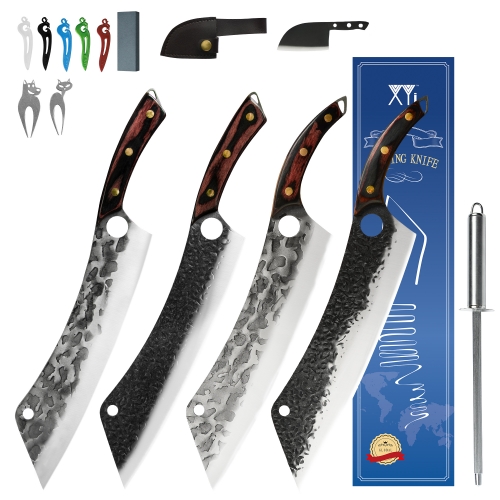 XYJ 12.5” Extra Long Full Tang Butcher Slaughter 4pcs Chef Knife Set With Honing Steel Fruit Forks Mini Knife And Whetstone For Brisket Turkey BBQ