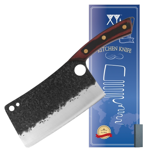 XYJ 7.5 Inch Powerful Serbian Cleaver Extra Large Butcher Chopping Knife Stainless Steel Hammered Sharp Blade Full Tang Wood Handle For Heavy Duty