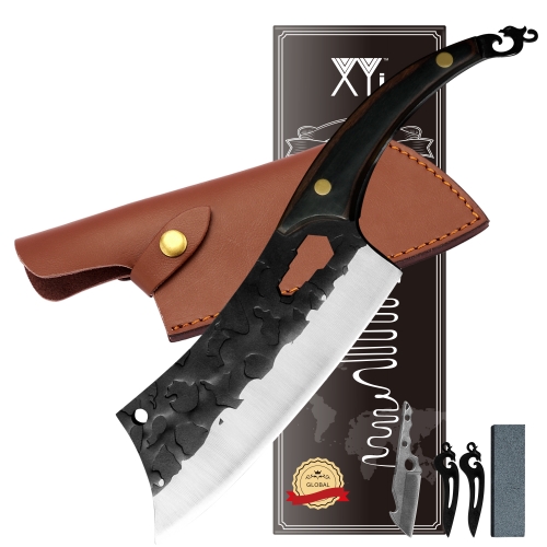 XYJ Full Tang 7 Inch Deboning Knife With Opener Stainless Steel Hammered Finger Hole Chef Nakiri Knives Sheath&Whetstone