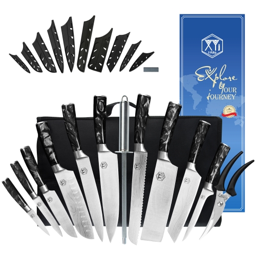 XYJ Professional Master Chef Knives with Bag Scissor Stainless Steel Culinary Kitchen Cooking Cutting Utility Nakiri Slicing Knives
