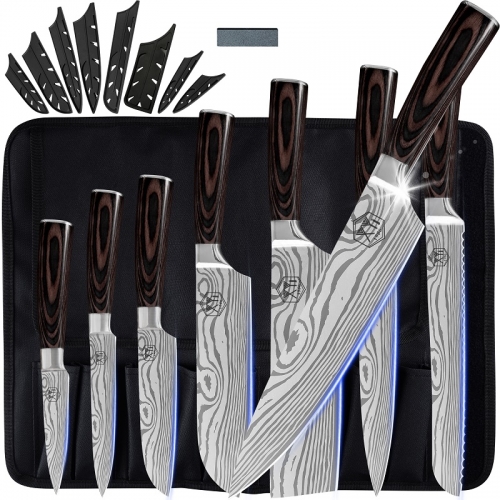 FULLHI Knife Set, 14pcs Japanese Knife Set, Blue Resin Handle Premium German Stainless Steel Kitchen Knife Set with Kitchen Gadgets