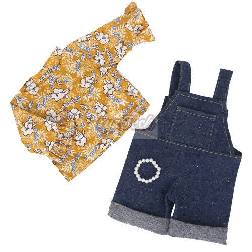 Denim suspenders and yellow floral dress