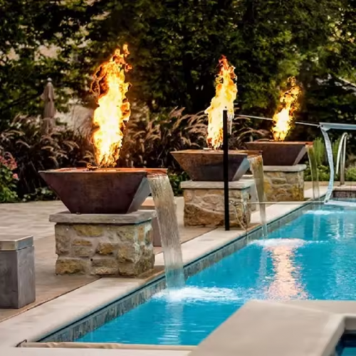 Gas Outdoor Firepit with Water Feature Low Smoke Square Corten Steel Fire Pit and Water Bowl for Swimming Pool