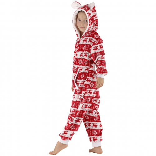 Kids Elk Red Hooded Christmas Onesie Pajamas