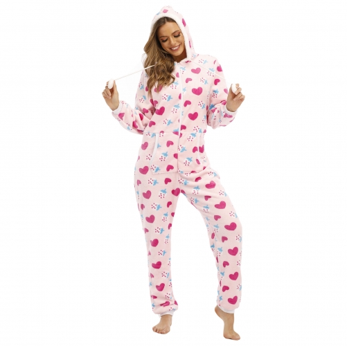 Women Pink Heart Christmas Onesie Pajamas