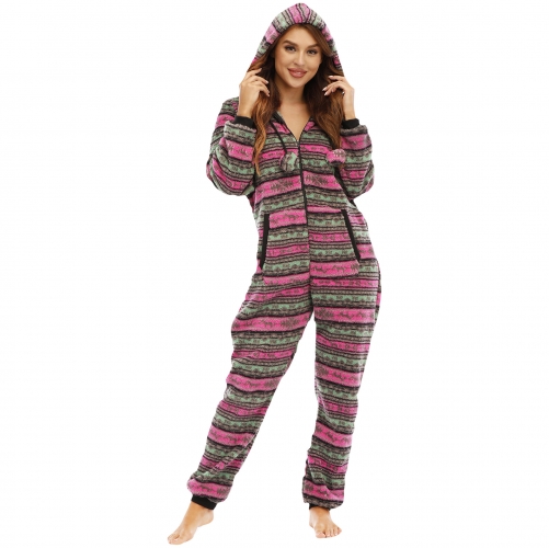 Lady Christmas Elk Red Hooded Onesie Pajamas