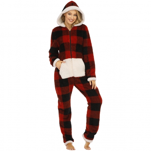 Women Christmas Onesies Pajamas Thicken Checked Hooded