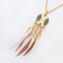 Necklace with seed beads and feather pendant