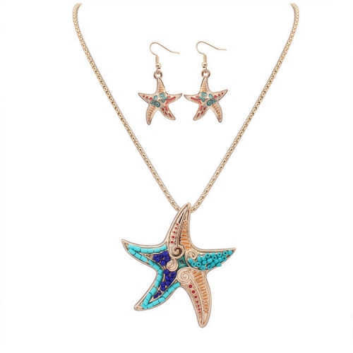 Necklace and Earrings Set with Starfish pendant made by cloisonne enamel
