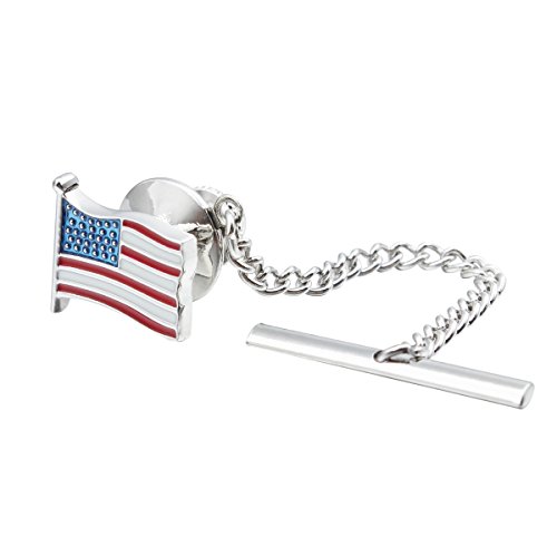 American Flag Tie Tack with Chain Silver Tone Tie Pin Mens Accessories