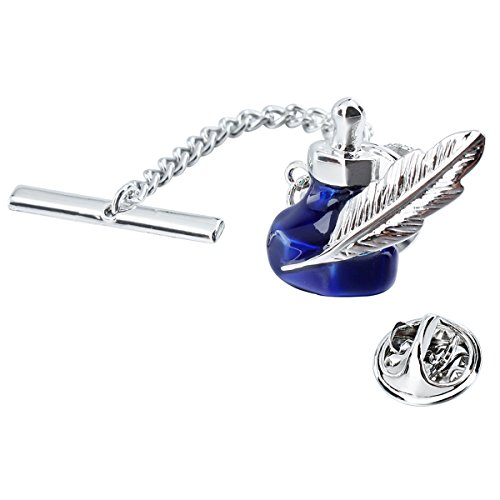 Mens Tie Tack with Chain Blue Tie Pin Clucth Back - Ink Bottle Shape