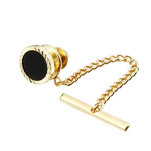 Mens Black Tie Tack with Chain Mens Wedding Business Shirt Acceesories - Gold Tone