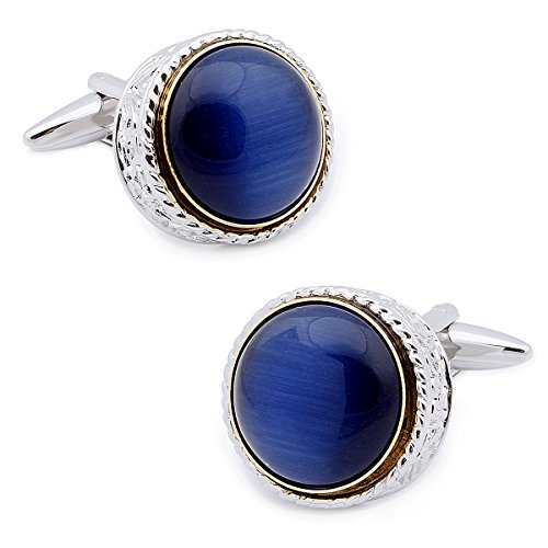 Elegant Brand Cuff Button Rhodium Plated Yellow White Blue Glass Linked Cuff Links (Dark Blue)