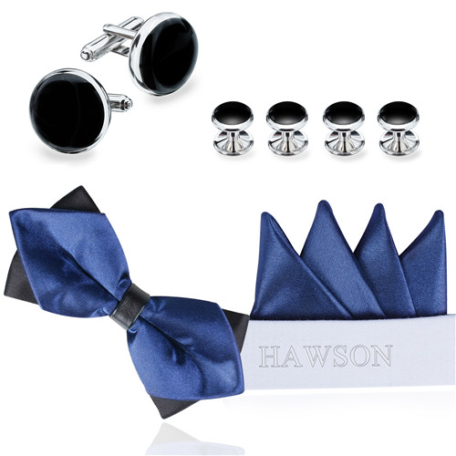 Blue Pre-Bow Tie Pocket Square Cufflinks and Studs Set