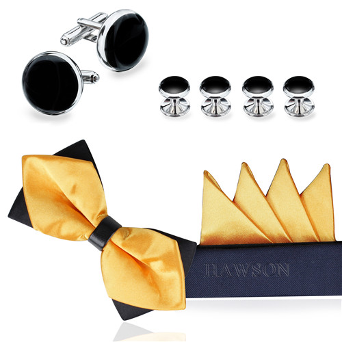 Yellow Pre-Bow Tie Pocket Square Cufflinks and Studs Set