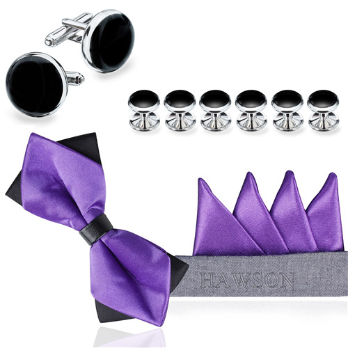 Purple Pre-Bow Tie Pocket Square Cufflinks Tuxedo Studs Set