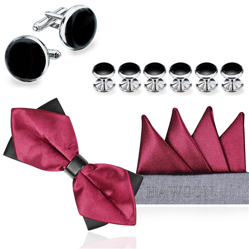 Red Pre-Bow Tie Pocket Square Cufflinks and Studs Set