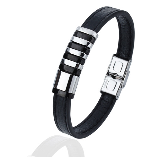 Classic Black Stainless Steel Leather Bracelet