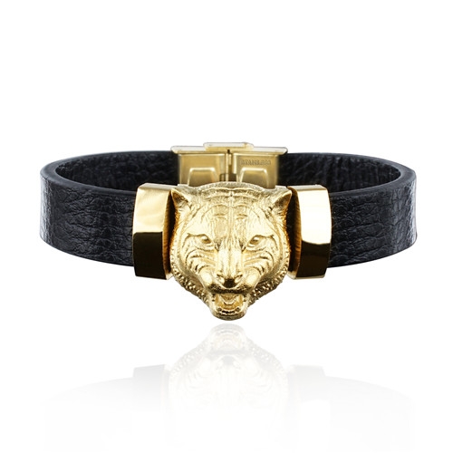 Tiger Head IP Black Stainless Steel Leather Bracelet